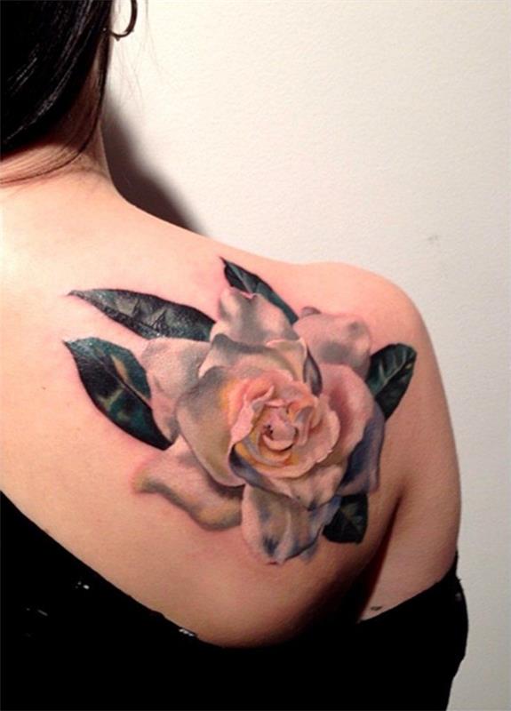 Τρισδιάστατο τατουάζ ώμου αυξήθηκε γυναικείο τατουάζ
