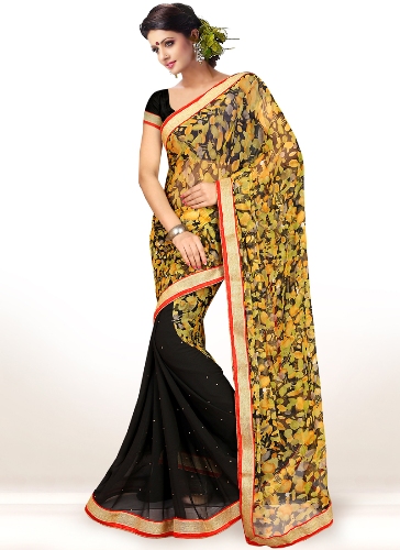 Pusė sarees-6 juoda ir geltona pusiau gėlių atspausdinta saree