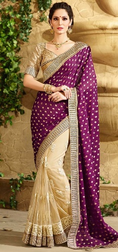 Pusė sarees-16 smėlio ir purpurinė pusė saree