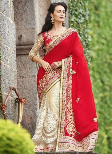 „Half Sarees-18“ blizganti raudona ir kreminė Georgette Half-Half Saree