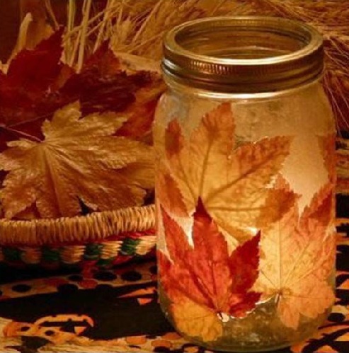 Džiovintų lapų ir stiklo indų dekoro amatų idėjos