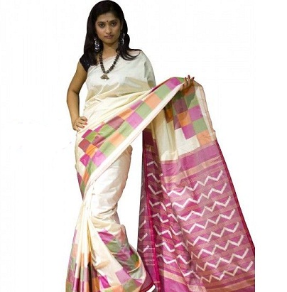 Kirli Beyaz Ve Pembe Kombine Ikkat Silk Saree