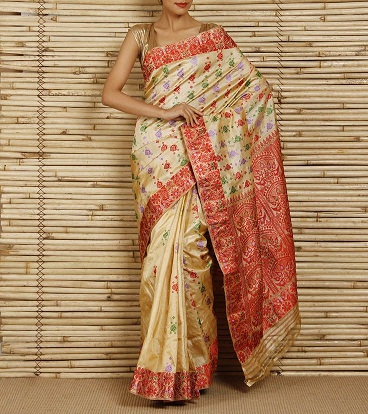 Bej Ve Çok Renkli Tussar Muga Silk Saree