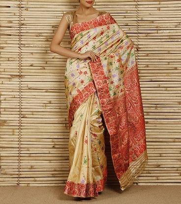 Smėlio ir daugiaspalvis Tussar Muga Silk Saree