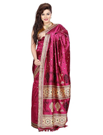 Canlı Macenta Assam İpek Saree