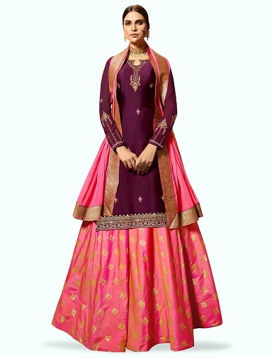 Violetinė siuvinėta Lehenga Kameez