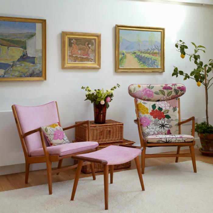 Πολυθρόνα επίπλων 50s οθωμανικά ροζ λουλούδια μοτίβο