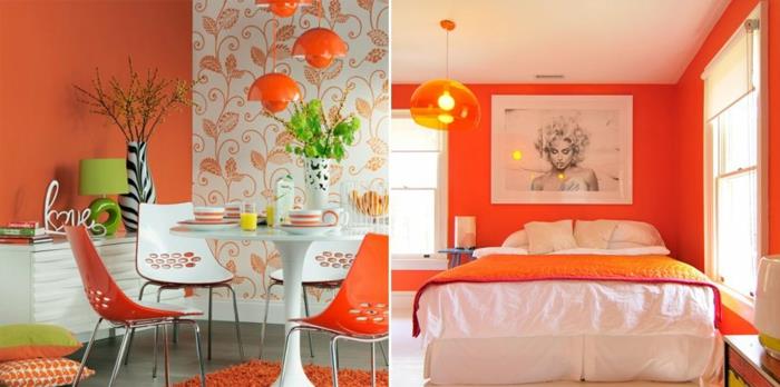 Ρετρό επίπλωση στυλ 50s τραπεζαρία υπνοδωμάτιο διπλό κρεβάτι πορτοκαλί χρώμα τοίχου