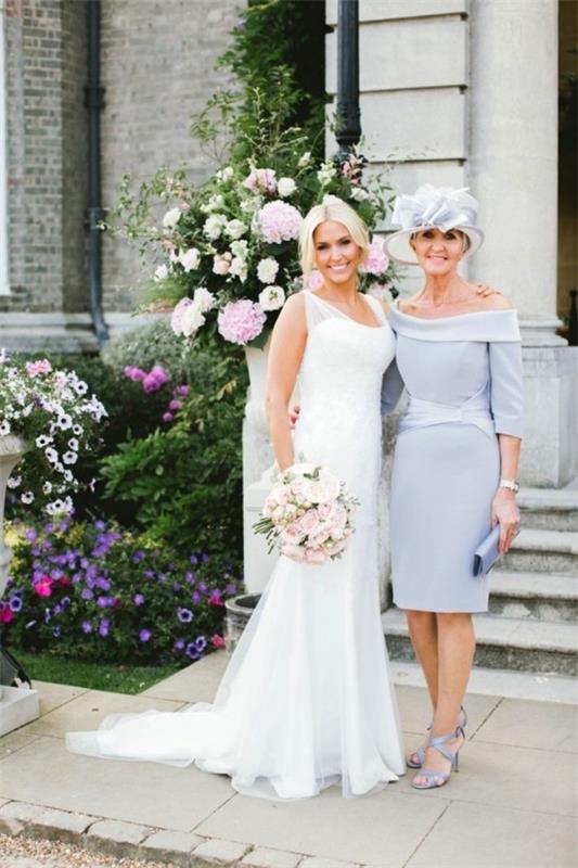 55 εορταστικά νυφικά για μητέρες της νύφης και σημαντικές συμβουλές γαλάζιο φόρεμα κομψό και όμορφο με καπέλο
