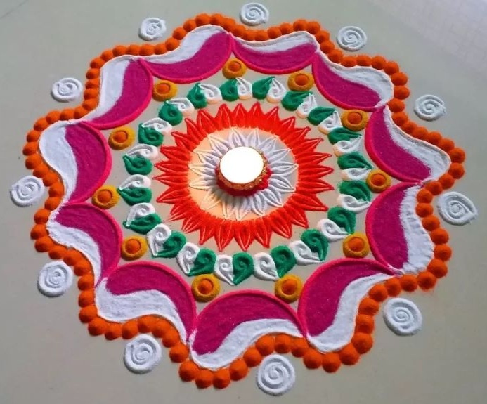 Pasidaryk pats: kaip žingsnis po žingsnio sukurti spalvas „Rangoli“ dizainą ant grindų