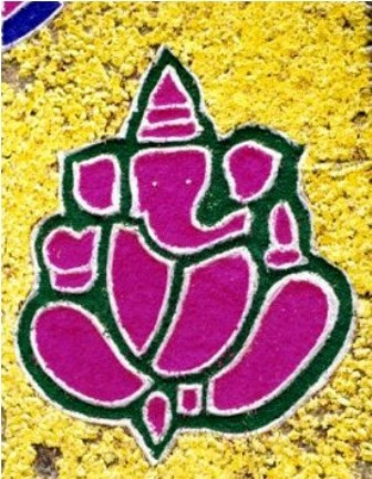 Ganesh Rangoli dizainas su gėlėmis