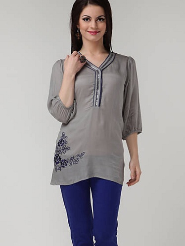 Kadın İşlemeli Trendy Gri Kurti