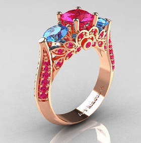 Dizainerio rožinio aukso žiedai su safyru