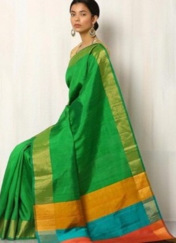 Žalia rankomis austa gryna „Kosa Silk Saree“