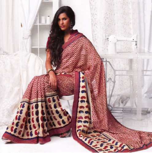 Kaštoninė ir kreminė Kosa Silk Saree