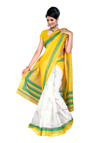 Kosa Sarees-geltona ir balta atspausdinta Kosa Silk Saree 06