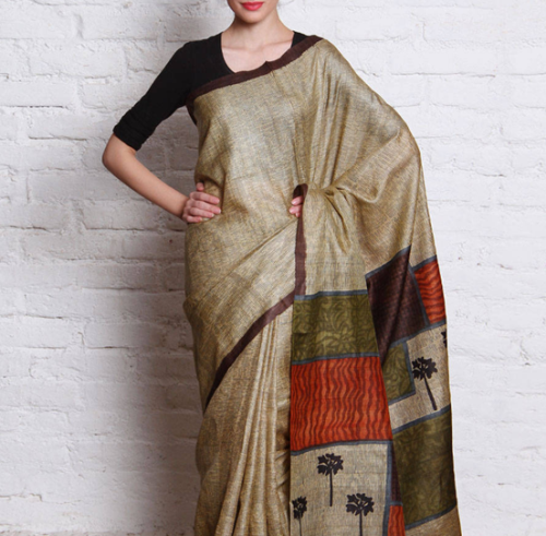 Kosa Sarees-smėlio ir rudos spalvos Kosa šilko rankomis austa Saree