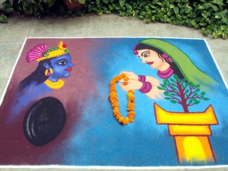 Tulsi ir lordas Krišna Rangoli