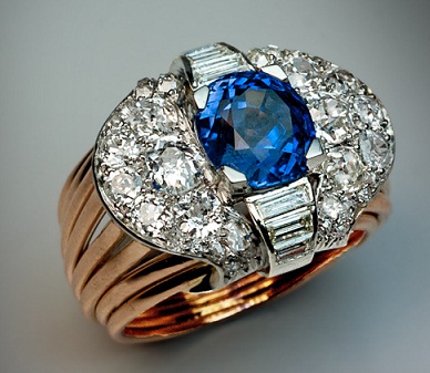 Antikvarinio dizaino mėlynas Ceilono deimantinis žiedas