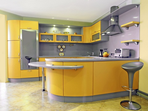 Geltonos ir pilkos spalvos 3D virtuvės dizainas