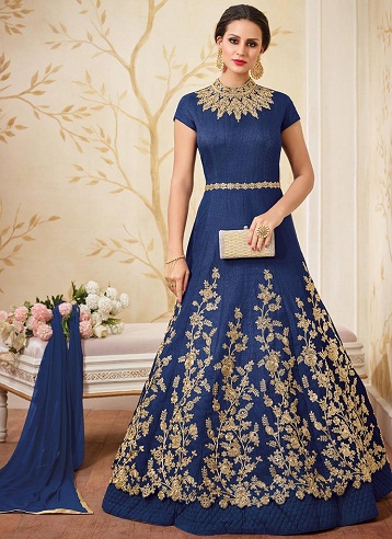 Tamsiai mėlyna ilga Anarkali suknelė pagal Frock modelį