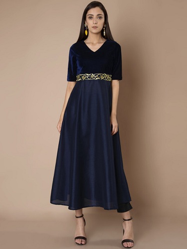 Tamsiai mėlyna „A Line Velvet Kurti“