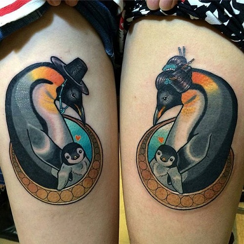 Šeimos pingvinų tatuiruotė