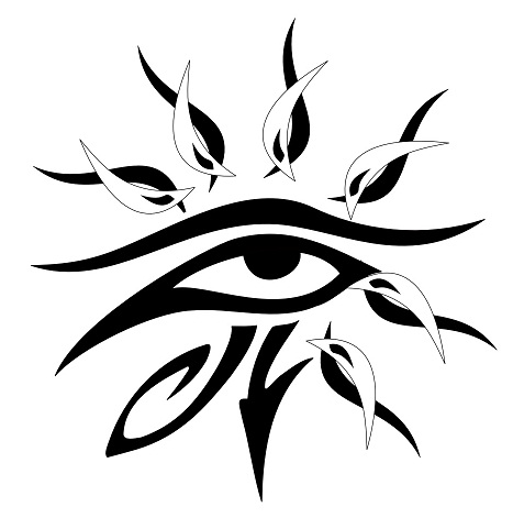 Centrinė akis su spinduliuojančia genties saulės tatuiruote