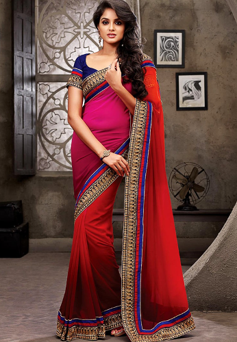 Pothys Sarees-Pothys Pembe Georgette Tasarımcı Saree Çok Renkli Bordür 4