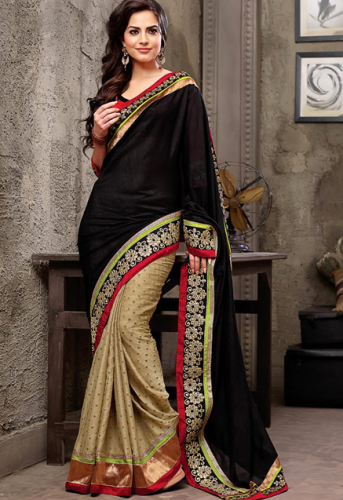 Pothys Sarees-Pothys Siyah Ve Krem Georgette Tasarımcı Saree 6