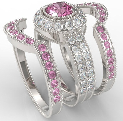 Filigranų rožinio safyro vestuvinių žiedų rinkinys