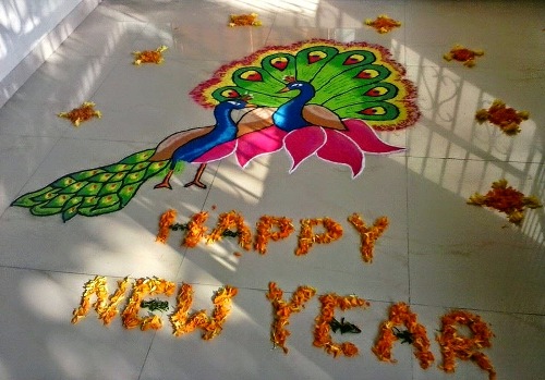 Povas laimingų Naujųjų metų Rangoli dizainas