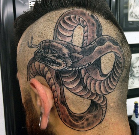 Kafasına özel desenli kobra dövmesi