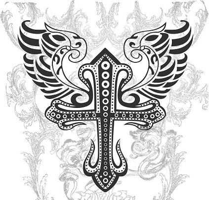 Keltų genčių kryžiaus tatuiruotės dizainas su sparnais