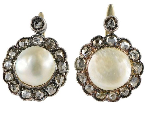 Antikvariniai natūralūs perlų ir deimantų auskarai