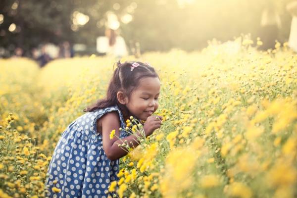 Παιδί ασιατικό κοριτσάκι που μυρίζει λουλούδι στον κήπο