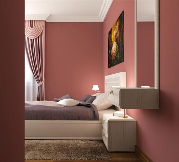 Σκούρο ροζ ως χρώμα τοίχου σχεδιασμός τοίχων συρταριέρα κεφαλάρι