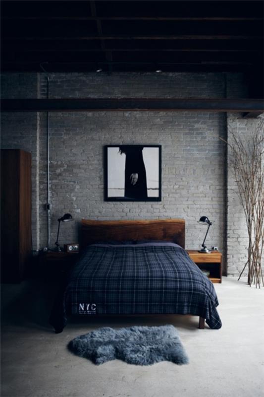 Τουβλότοιχος στο υπνοδωμάτιο μοντέρνο σχέδιο σε γκρι και σκούρο μπλε πολύ ελκυστική ατμόσφαιρα