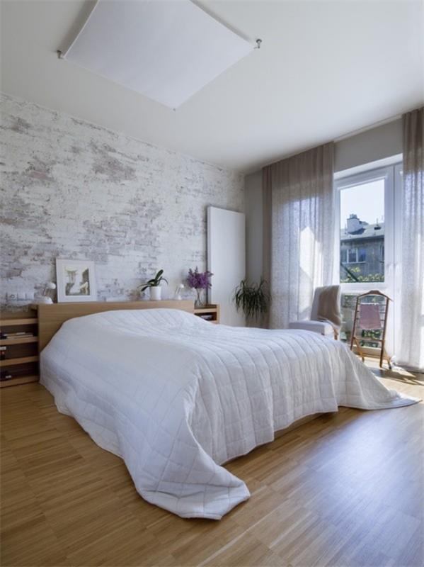 Τουβλότοιχος στο υπνοδωμάτιο μοντέρνο σχέδιο λευκό γκρι ξύλο
