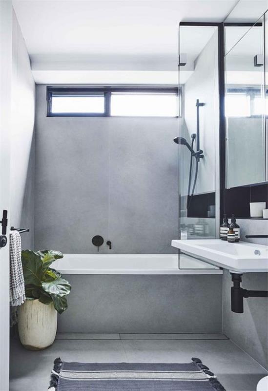 Σχέδια μπάνιου σε γκρι απόχρωση σχεδιασμού μπάνιου, μαύρα εξαρτήματα μπάνιου, μπανιέρες, καθρέφτες από γυαλί τοίχου