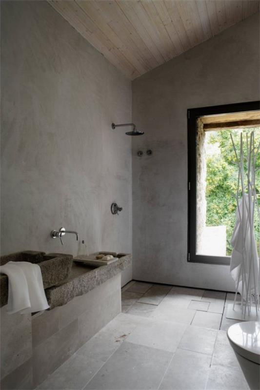 Σχέδια μπάνιου σε γκρι σε πλακάκια δαπέδου vintage στυλ ματαιοδοξία πέτρινο μεγάλο παράθυρο