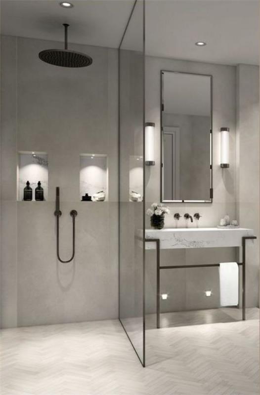 Τα σχέδια μπάνιου σε γκρι μινιμαλιστικό μπάνιο κάνουν σωστό φωτισμό τοίχων