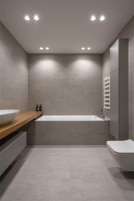 Τα σχέδια μπάνιου σε γκρι μοντέρνο μπάνιο γκρι κυριαρχεί στο λευκό ενσωματωμένο φως μπανιέρας-κλειδιού τουαλέτας