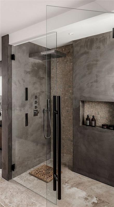 Σχέδια μπάνιου σε γκρι μοντέρνο μπάνιο ζεστό γκρι ντους γωνιακό γυάλινο τοίχο ντους ψιλής βροχής