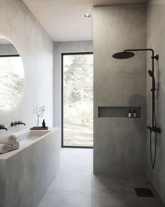 Σχέδια μπάνιου σε γκρι, όμορφο μπάνιο, γωνιά ντους, μαύρη βρύση, μακρά ματαιοδοξία, γυάλινη πόρτα, καθρέφτης στρογγυλού τοίχου
