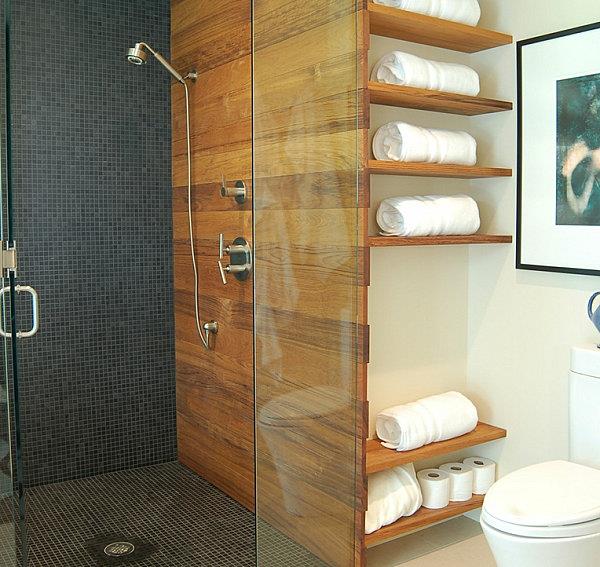 Μπάνιο-ράφια-τοίχος-διακόσμηση-ξύλο-γυαλί-χωρίσματα-καμπίνα ντους