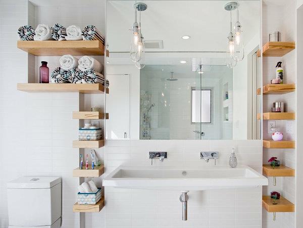 ράφια τοίχου για μπάνιο σχεδιασμός τοίχου ξύλινες πετσέτες καθρέφτης