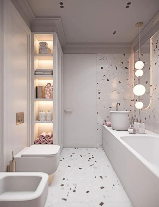 Οι τάσεις του μπάνιου 2021 Οι τοίχοι με έμφαση στο δάπεδο Terrazzo φέρνουν περισσότερο χρώμα και πανικό στο λευκό μπάνιο
