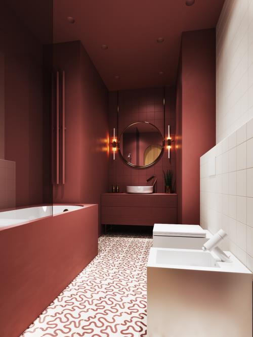 Μπάνιο σε κόκκινο κομψό μπάνιο ευρύχωρη απαλή απόχρωση σε συνδυασμό με λευκό καθρέφτη τοίχου νεροχύτη μπανιέρας