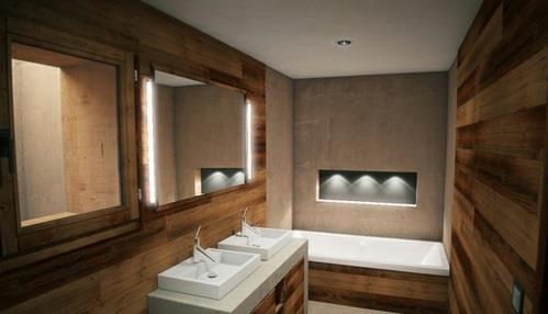 Μπάνιο ξύλινες μπανιέρες καθρέφτη έμμεσο φωτισμό